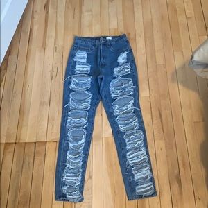 distressed, high waisted denim jeans